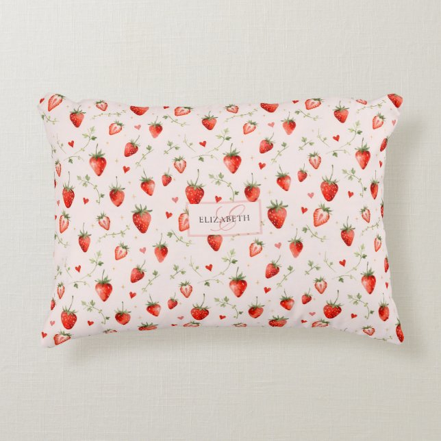 Berry Sweet Botanical Pink Hearts Monogram Accent Pillow (Front)