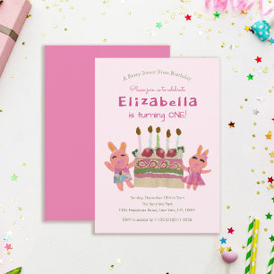 Berry Sweet Bunnies Baby Pink First Birthday Invitation