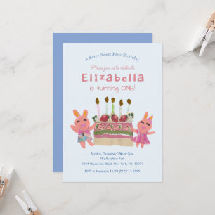 Berry Sweet Bunnies Light Blue First Birthday Invitation