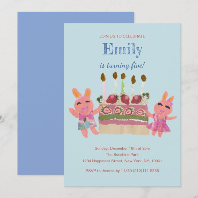 Berry Sweet Bunny Buddies| Blue Birthday Invitation (Front/Back)
