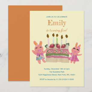 Berry Sweet Bunny Buddies  Yellow Kids Birthday Invitation