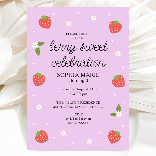Berry Sweet Celebration Strawberry Birthday Lilac Invitation (Creator Uploaded)