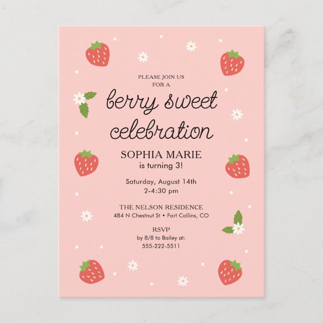 Berry Sweet Celebration Strawberry Birthday Party Postcard (Front)