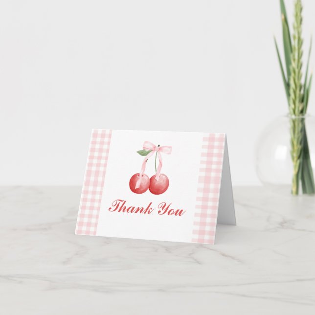 Berry Sweet Cherry birthday Pink Bow Gingham Thank You Card (Front)