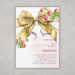 Berry Sweet Cute Gold Bow Strawberry Baby Shower Invitation