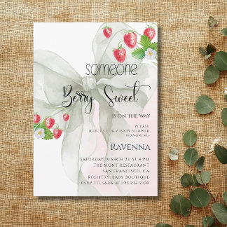Berry Sweet Cute Green Bow Strawberry Baby Shower Invitation