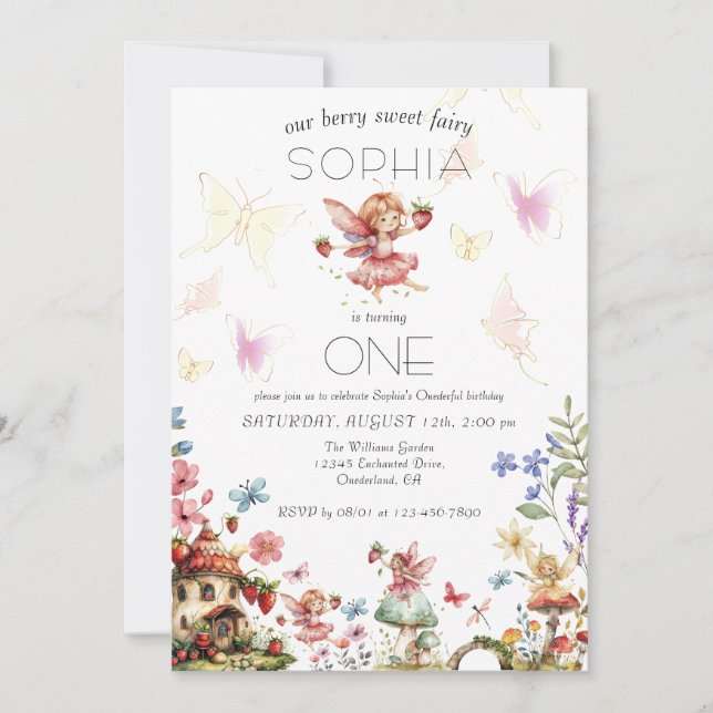 Berry Sweet Fairy Magic Strawberry Garden Birthday Invitation (Front)