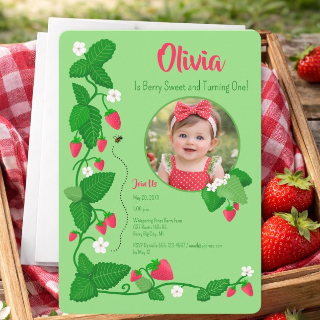 Berry Sweet First Birthday Strawberry Photo Invitation (Creator Uploaded)