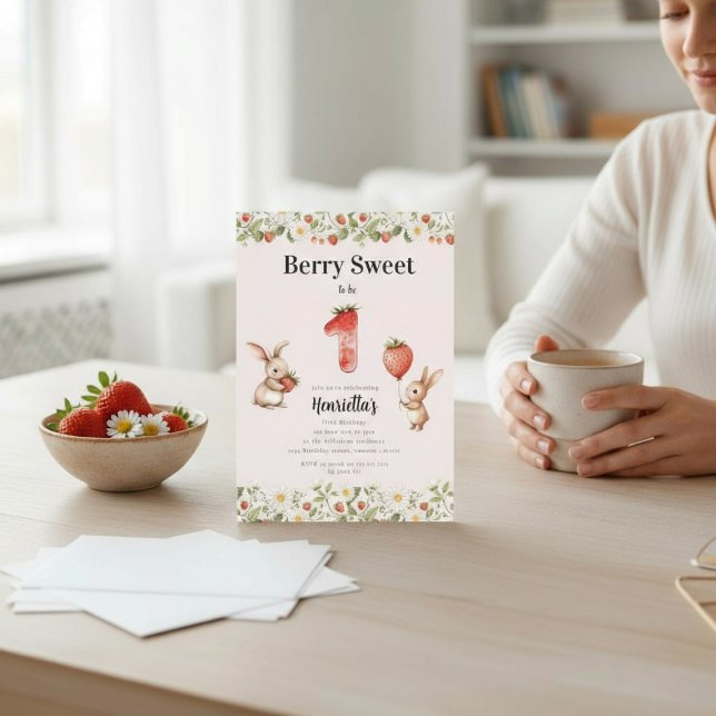 Berry Sweet Floral Bunny Strawberry First Birthday Invitation (Creator Uploaded)
