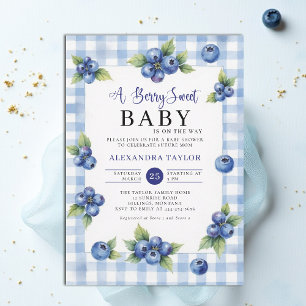 Berry Sweet Gingham Blue Cottage Style Baby Shower Invitation