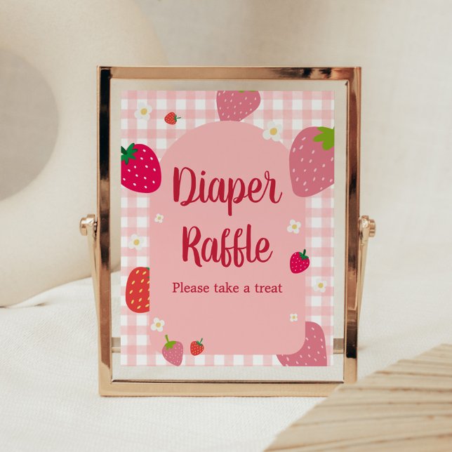 Berry Sweet Gingham Strawberry Diaper Raffle Poster (Gingham Strawberry Berry Sweet Baby Shower Diaper Raffle Sign)