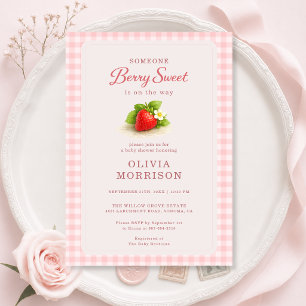 Berry Sweet Girl Gingham Baby Shower Invitation