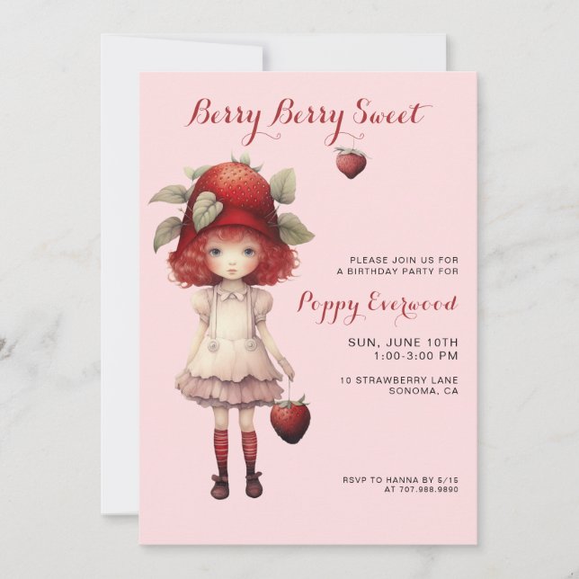 Berry Sweet Girl's Illustrated Birthday Party Invitation (Front)
