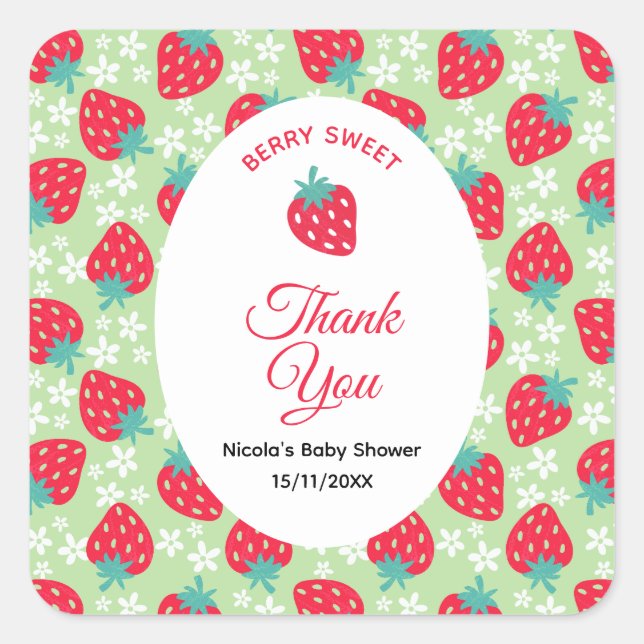 Berry Sweet Green Strawberry Baby Shower Square Sticker (Front)