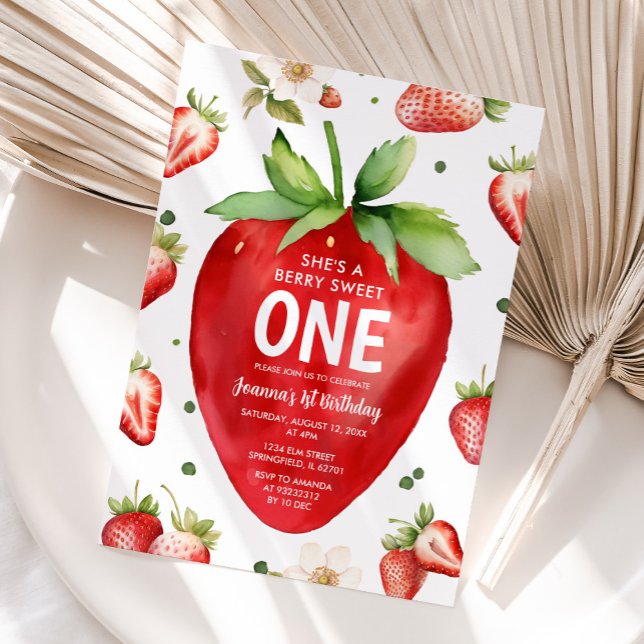 Berry Sweet One Cute Girl Strawberry 1st Birthday Invitation (Creator Uploaded)