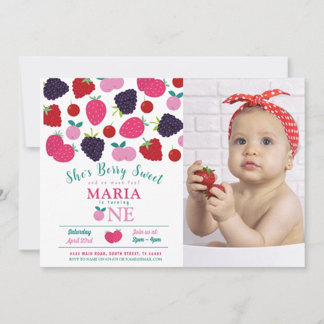 Berry Sweet One First Birthday Girls Fruit  Invitation (Front)