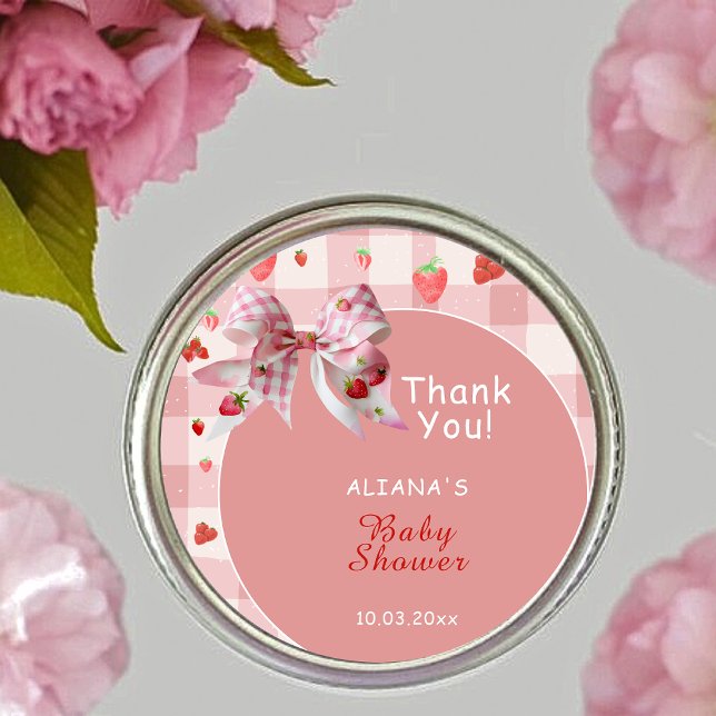 Berry Sweet Pink Chequered thankyou Baby Shower Classic Round Sticker (Creator Uploaded)