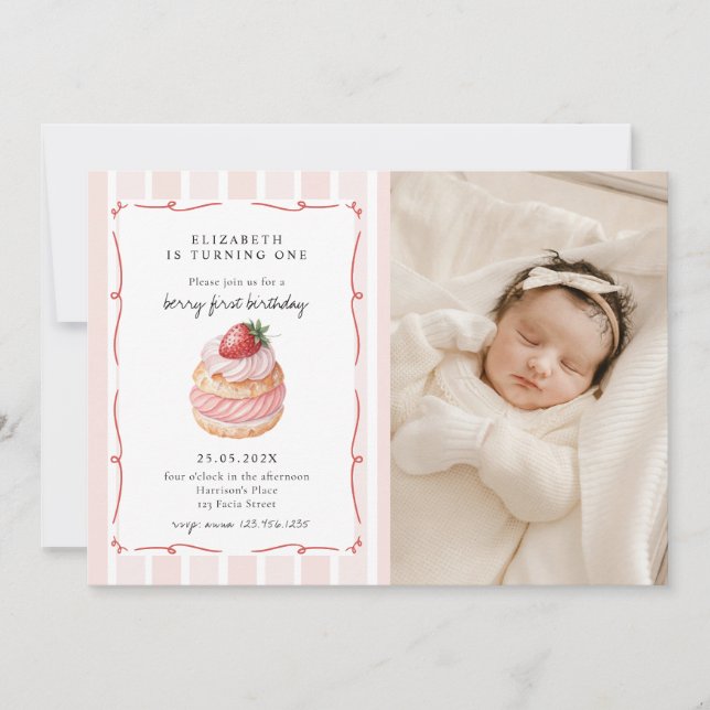 Berry Sweet Pink Photo First Birthday Invitation (Front)