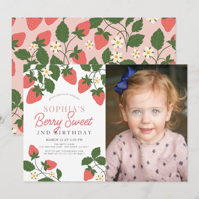 Berry Sweet Pink Strawberry Photo 2nd Birthday Invitation (Front/Back)