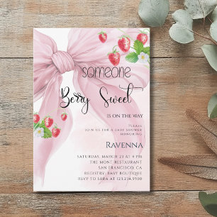 Berry Sweet Preppy Pink Bow Strawberry Baby Shower Invitation