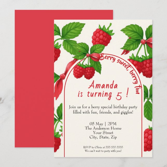 Berry Sweet Raspberry Kids Birthday Invitation  (Front/Back)