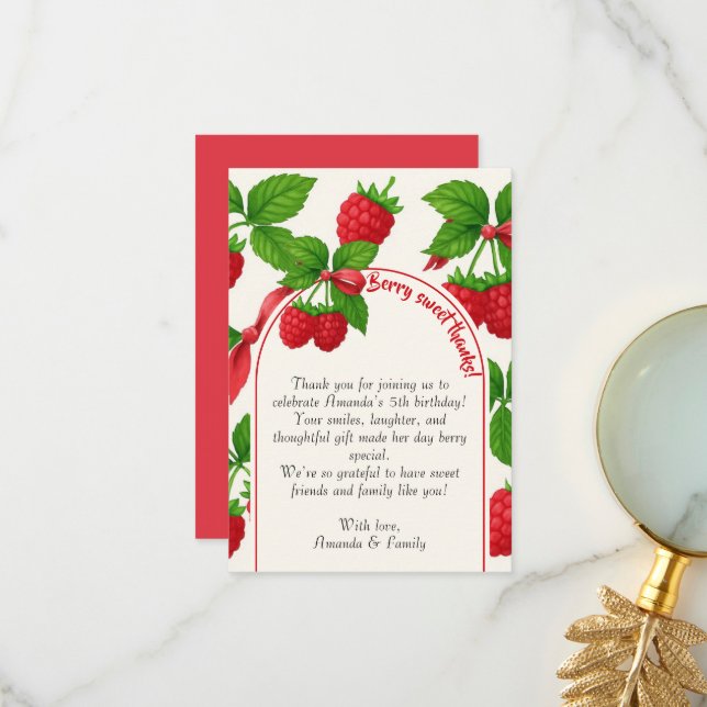 Berry Sweet Raspberry Kids Birthday Thank You Card (Front/Back In Situ)