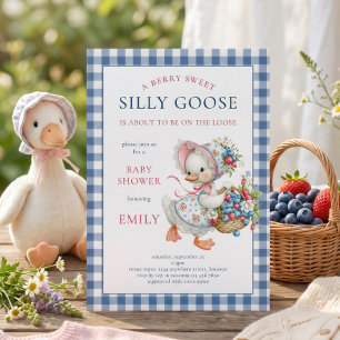 Berry Sweet Silly Goose Blue Gingham Baby Shower Invitation