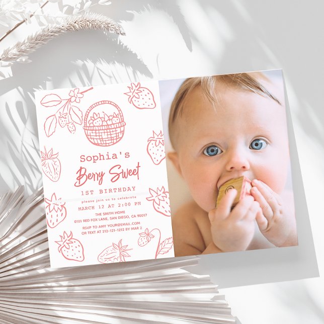 Berry Sweet Starawberry Photo 1st Birthday Invitation (Creator Uploaded)