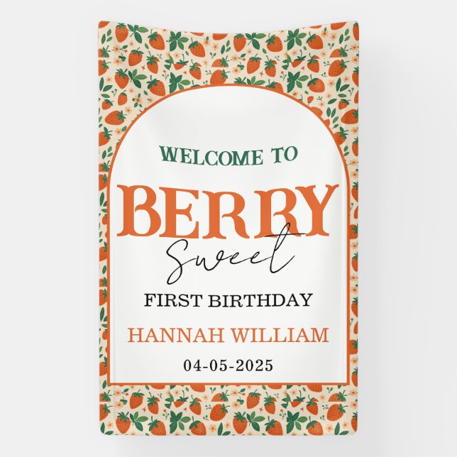 Berry Sweet Strawberry 1st Birthday Party Banner (Vertical)