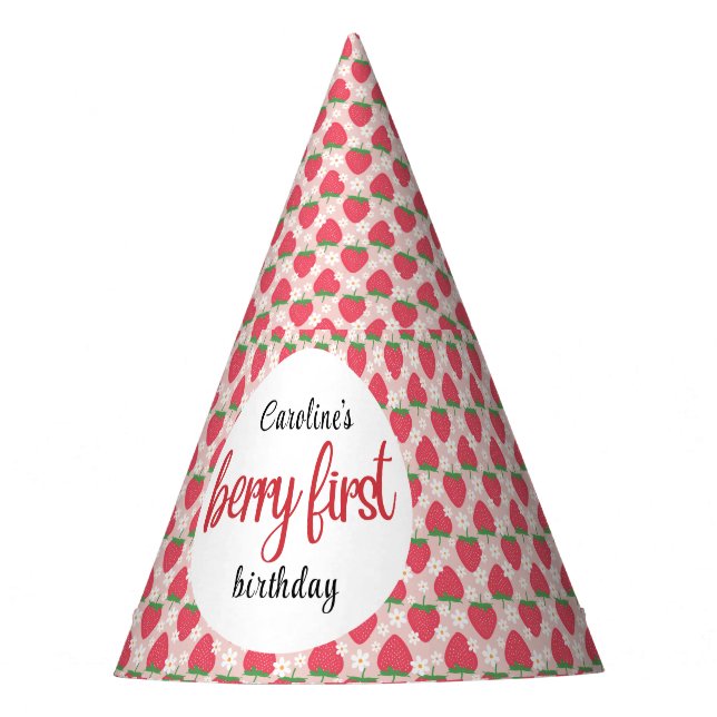 Berry Sweet Strawberry 1st Birthday Party Hat (Front)