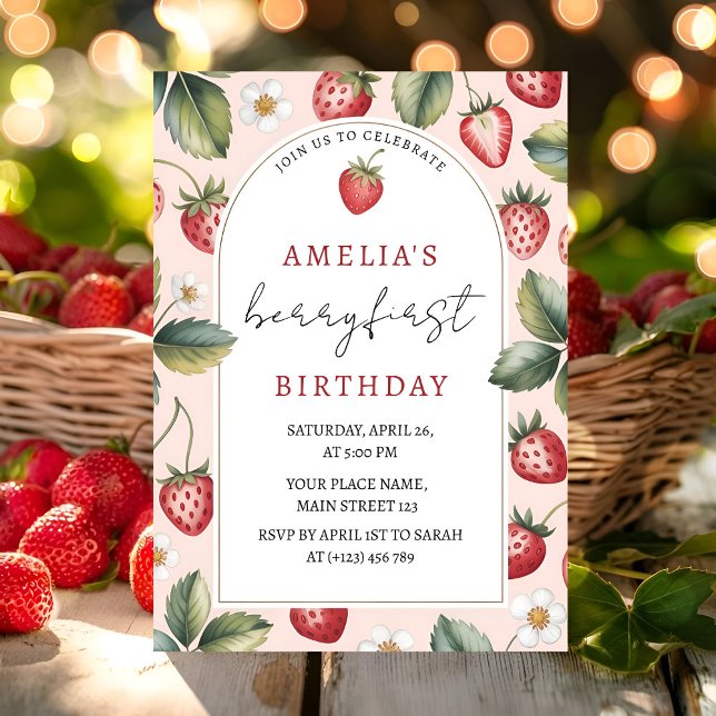 Berry Sweet Strawberry 1st Birthday Party Invitation (Creator Uploaded)