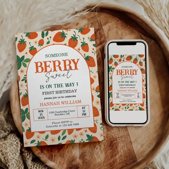 Berry Sweet Strawberry 1st Birthday Party Invitation (Creator Uploaded)