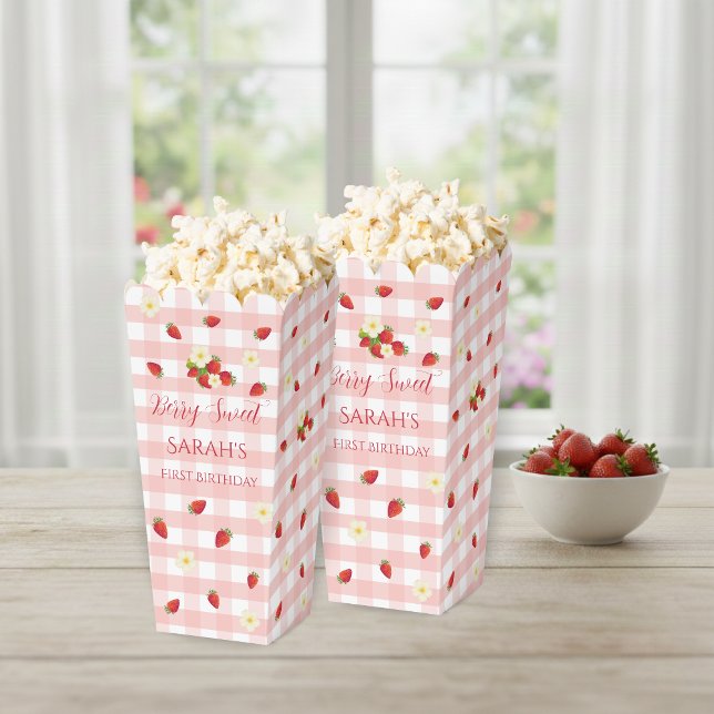 Berry Sweet Strawberry 1st Birthday Popcorn  Favor Box (Berry Sweet Strawberry 1st Birthday Popcorn Favor Boxes)