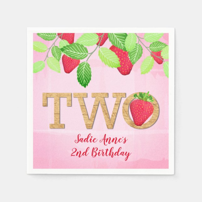 Berry Sweet Strawberry 2nd Birthday Girl Rustic Na Napkin (Front)