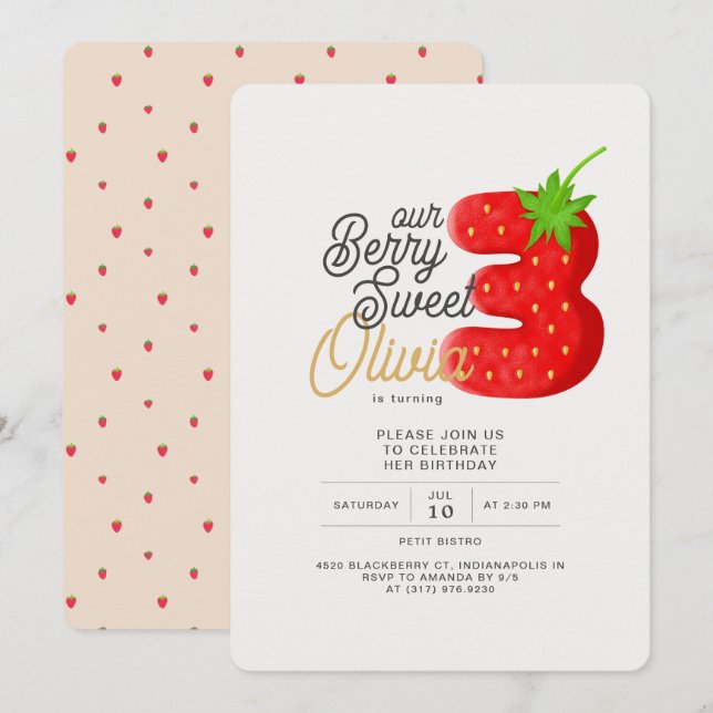 Berry Sweet Strawberry 3rd Birthday Invitation (Front/Back)