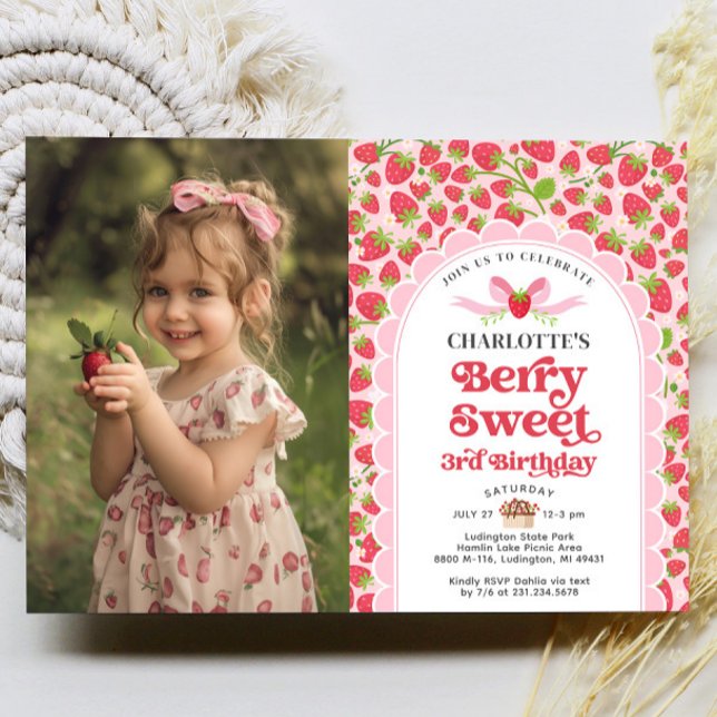 Berry Sweet Strawberry 3rd Birthday Photo Invitation (Berry Sweet Strawberry 3rd Birthday Photo Invitation)