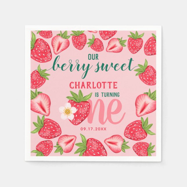 Berry Sweet Strawberry Baby 1st Birthday Party Napkin (Front)