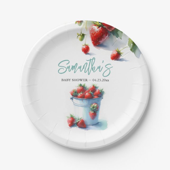 Berry Sweet Strawberry Baby Shower Disposable Paper Plate (Front)