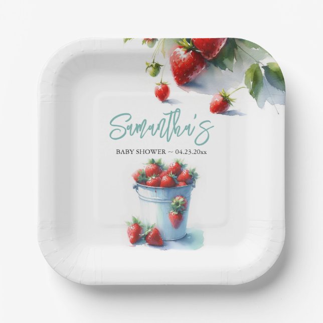 Berry Sweet Strawberry Baby Shower Disposable Paper Plate (Front)