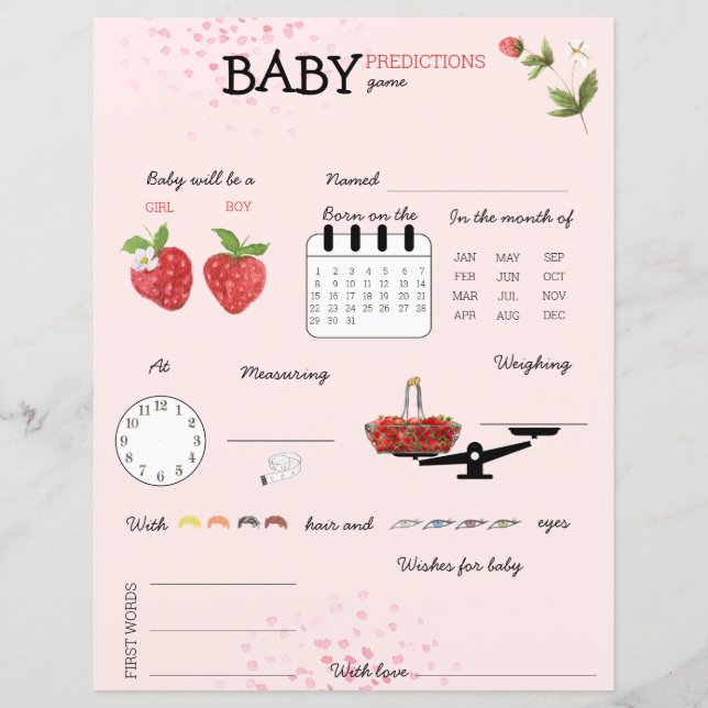 Berry Sweet Strawberry Baby Shower Guessing Game (Front)