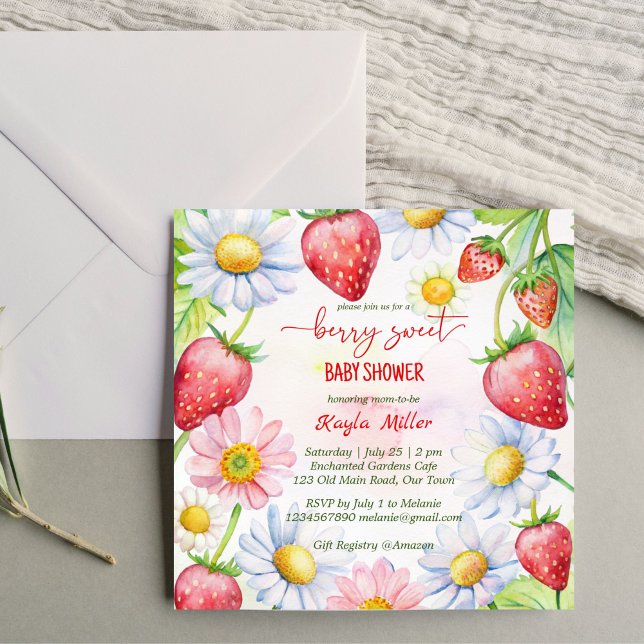 Berry sweet strawberry baby shower invitation (Berry sweet summer garden daisy strawberry baby shower invitation template instant download)