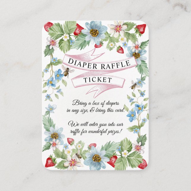 Berry Sweet Strawberry Bee Baby Girl Diaper Raffle Enclosure Card (Front)