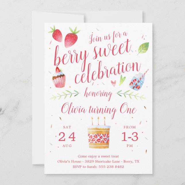 Berry Sweet Strawberry Birthday Party Invitation (Front)