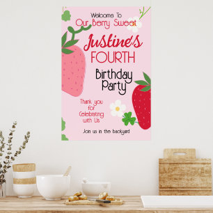 Berry Sweet Strawberry Birthday Party Poster