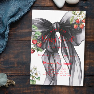 Berry Sweet Strawberry Black Bow Baby Shower  Invitation