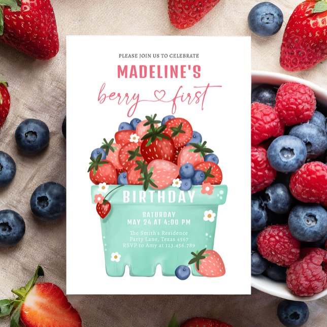 Berry Sweet Strawberry Blueberry First Birthday Invitation (Creator Uploaded)