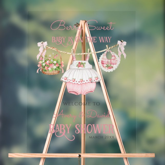 Berry Sweet Strawberry Bow Modern Baby Girl Shower Acrylic Sign (Neutral)