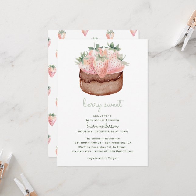Berry Sweet Strawberry Cupcake Baby Shower Invitation (Front/Back In Situ)