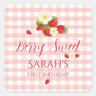 Berry Sweet Strawberry Favor Gift 1st Birthday  Square Sticker
