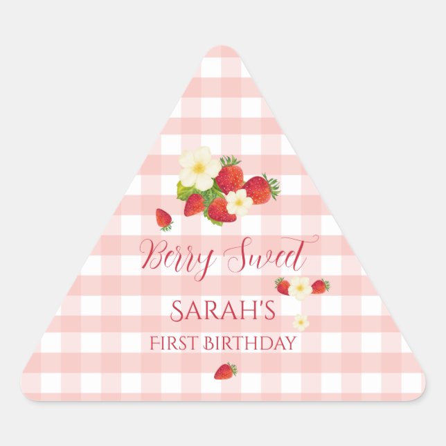 Berry Sweet Strawberry Favor Gift 1st Birthday  Triangle Sticker (Front)